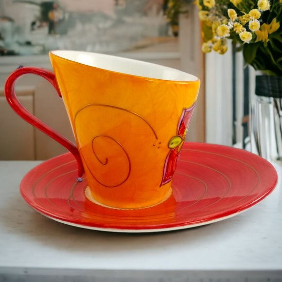 Artistic Porcelain Coffee Mug & Saucer Set, Whimsical Orange-Red Mug-Rhinestones - Picture 2 of 14